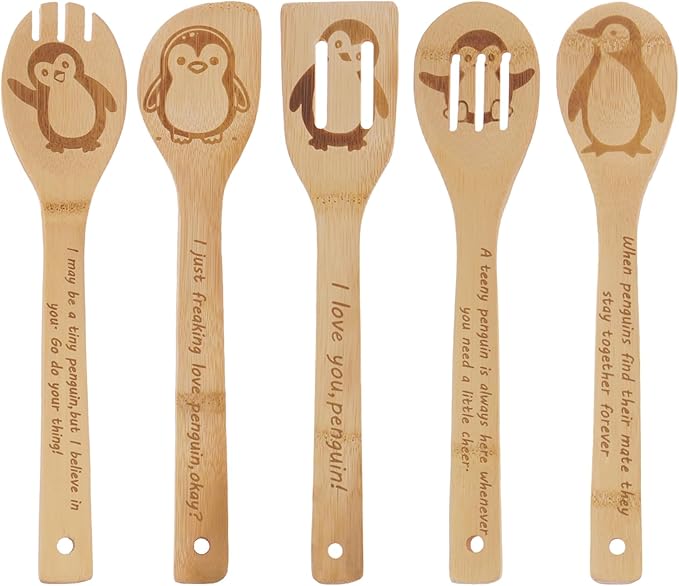 5PCS Penguin Wooden Cooking Spoons Kitchen Decor Penguin Gifts for Women Men Penguin Lovers Birthday Gifts Party Favors Housewarming Wedding Bamboo Cooking Spoons for Everyday Use