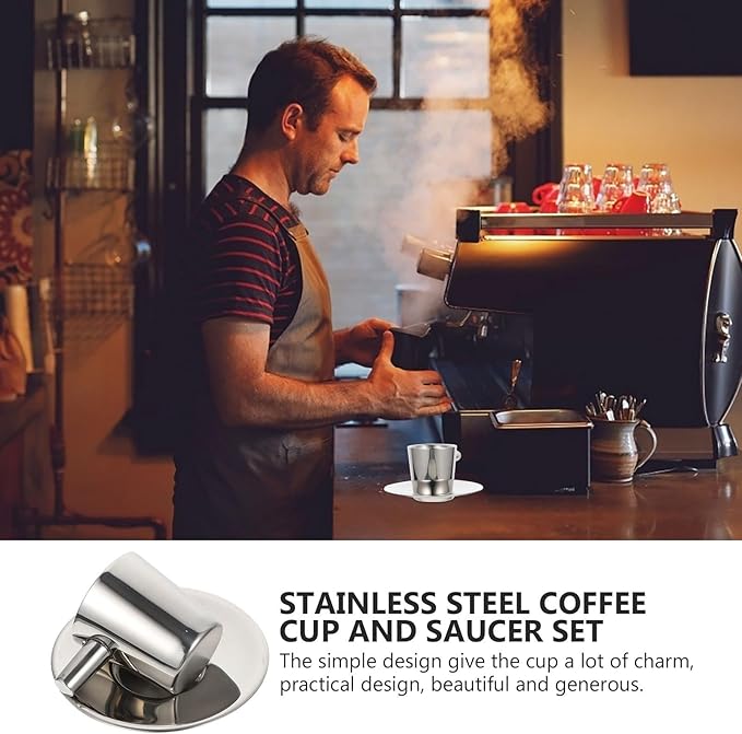 Double Layer Stainless Steel Espresso Coffee Cup and Saucer Set 80Ml Compact Tea Cup for Afternoon Tea and Milk with Heat Insulation, Sturdy Metal Drinkware Kit