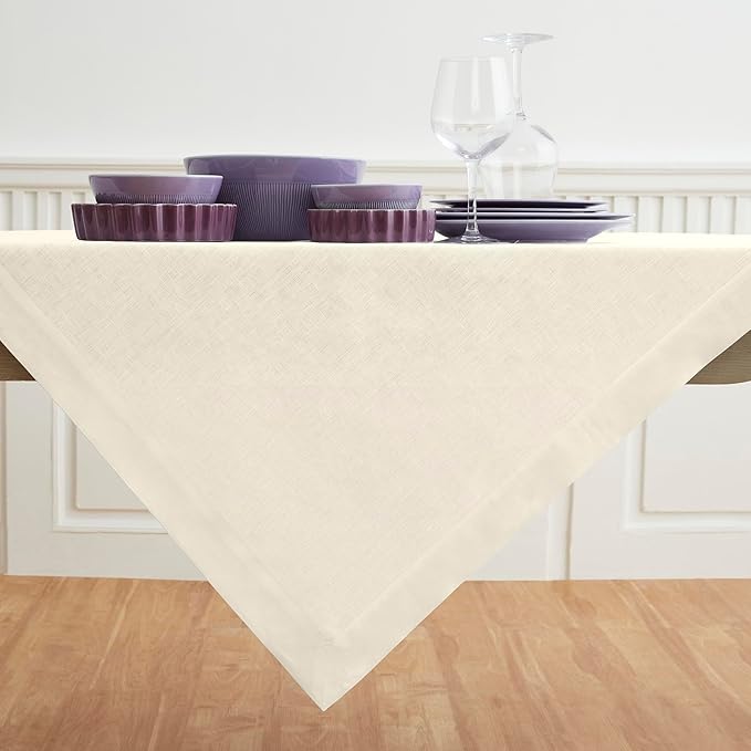 Solino Home Linen Ivory Tablecloth 52 x 52 Inch - 100% Pure Linen Square Table Throw - Fete, Machine Washable Table Cloth for Spring, Easter