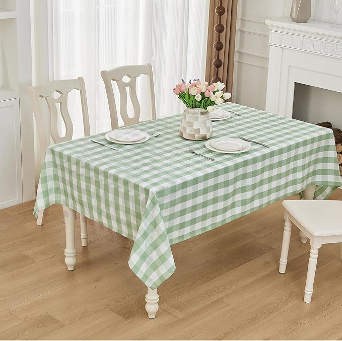 BALCONY & FALCON Rectangle Gingham Table Cloth ??Water-Resistant Cotton Blend, Spill-Proof & Washable Checkered Tablecloth for Kitchen, Dining, Picnic, Party (Green White, 57x118 Inch)