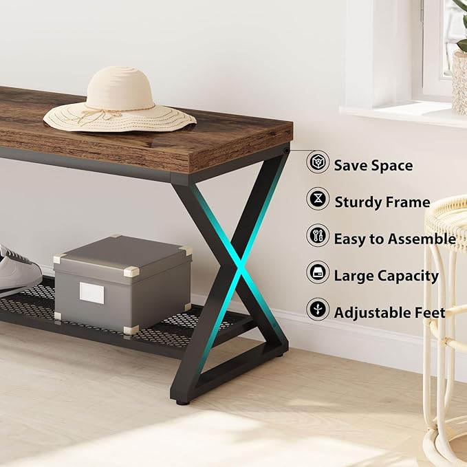 LVB Rustic Entryway Bench, 47??Shoe Bench with Storage for Entry Way, Industrial Shoe Rack Bench with Seating for Foyer Entrance, Farmhouse Wood Bench for Hallway Living Room Bedroom, Rustic Brown