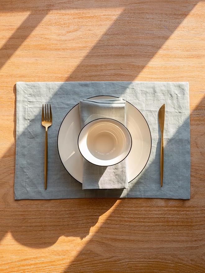 KNOKNO Home Pure Hemp Placemats 18 x 12 Inch Set of 4 Handcrafted with Mitered Corners Natural Fabric,Machine Washable Table Mats for Dining Tables (Stone Blue, Placemats | Set of 4)