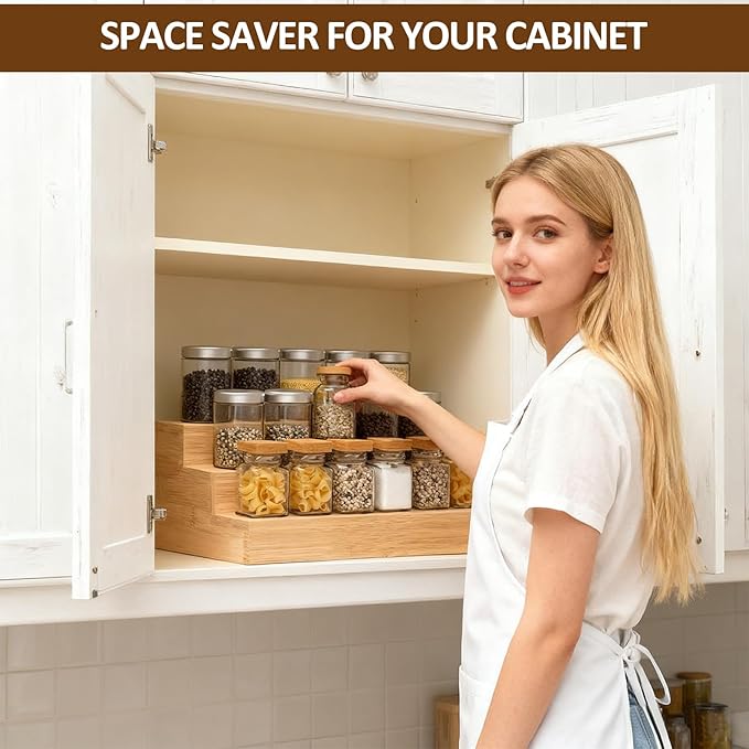 2 Pack Bamboo Spice Rack Organizer, 3 Tier Spice Riser for Cabinet, Wood Spice Stand for Countertop