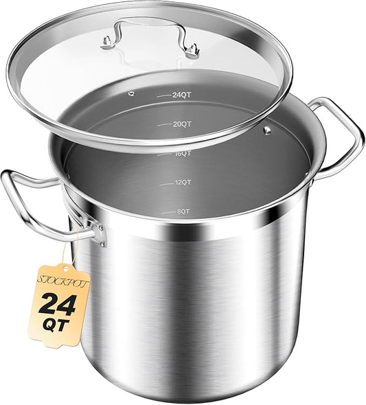 Stainless Steel Stock Pot with Lid ??24 Quart (6 Gallon) Heavy-Duty Cooking Pot for Soup, Stew, Pasta ??Commercial & Home Use, Easy to Clean