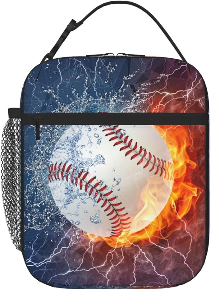 YIJIUWKIS Sports-Themed Baseball Lunch Box for Boys Girls Kids Teens Adults Reusable Insulated Lunch Bag with Fire & Water Printed Ice Packs Containers Tote Handbag