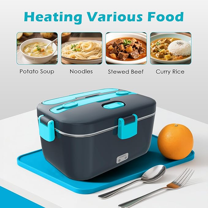COZYEXPERT Electric-Lunch-Box-Heated-Food-Warmer 100W Heating Lunchbox for Adults 1.8L Portable Food Heater for Work/Car, 12V/24V/110-230V Lonchera El챕ctrica Port찼til with Fork Spoon (Gray+Blue)