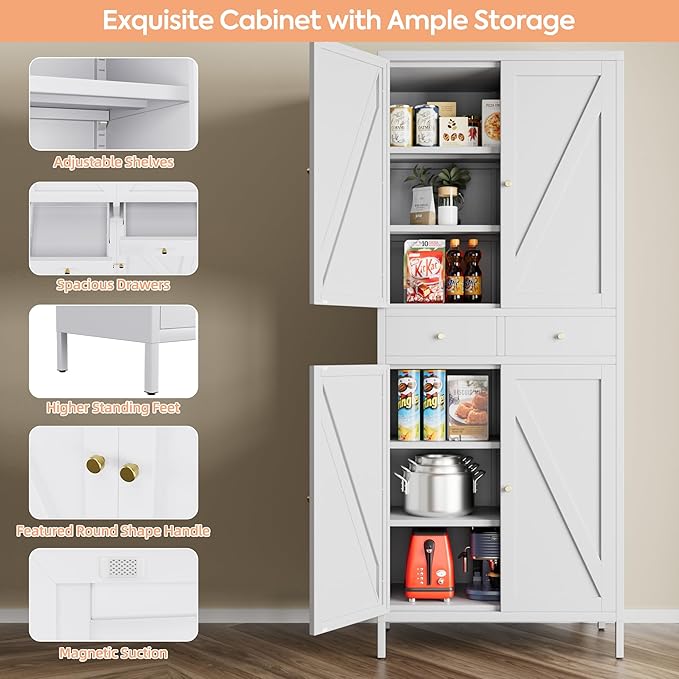 METAN Kitchen Pantry Storage Cabinet with 2 Drawers for Kitchen,Living Room,Metal Storage Cabinets with 4 Adjustable Shelves,Assembly Required,White