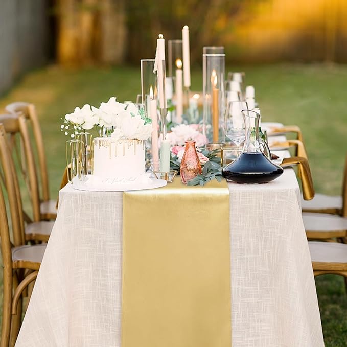 Yblut 10 Pack Satin Table Runner 12 x 108 Inch Long Light Gold Silk Table Runner for Wedding Party Banquet Birthday Decoration