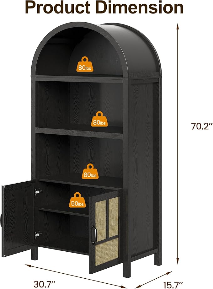 RoyalCraft Arched Rattan Storage Cabinet Set of 2, 70" Tall Boho Kitchen Pantry Display Cabinet with 2 Doors, Farmhouse Bookshelf Cupboard for Living Room Kitchen, Dining Room, Black