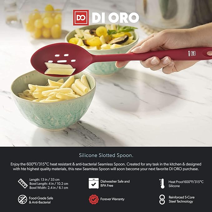DI ORO Silicone Slotted Spoon - 600째F High Heat Silicone Spoon for Cooking Nonstick Cookware Safe - Silicone Kitchen Spoon for Serving & Stirring - Large Spoon for Mixing - Dishwasher Safe (Red)