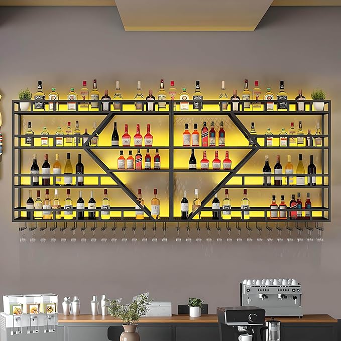 Wall Mounted Wine Rack, Large Metal Wine Bottle Holder, Modern Fashion Diamond Shaped Floating Bar Unit Wine Storage Shelves, for Home Restaurant Bars Decor (Black, 4 Tier - 63in)