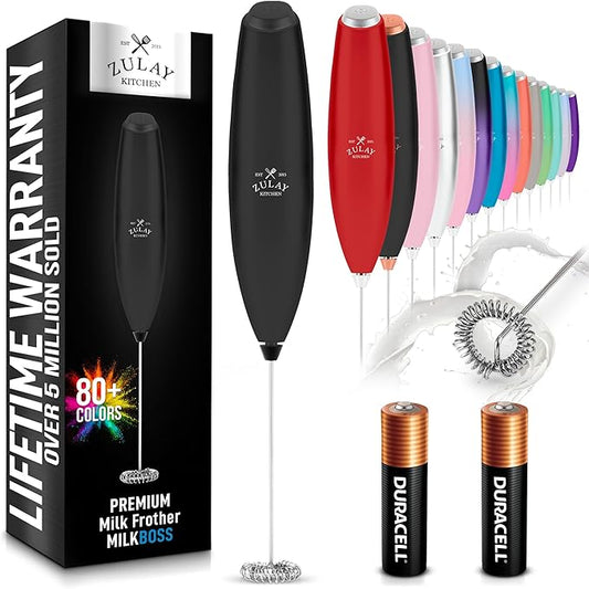 Zulay Kitchen Milk Frother Handheld Electric Whisk with AA Duracell Batteries ??Durable Drink Mixer for Coffee, Lattes, Cappuccinos & More - Carbon Black