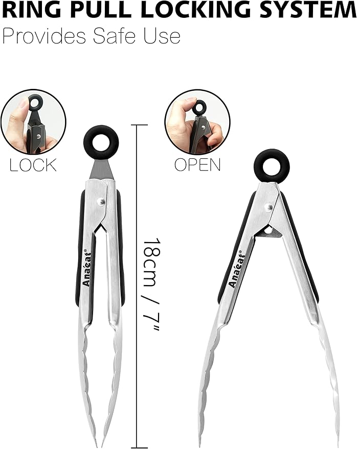 Anaeat 7" Mini Cooking Tong Stainless Steel - Sturdy Coiled Spring Locking Kitchen Food Tong with Non-Slip Silicone Grip for Serving, Cooking, Baking - Heat Resistant up to 480째F (Black)