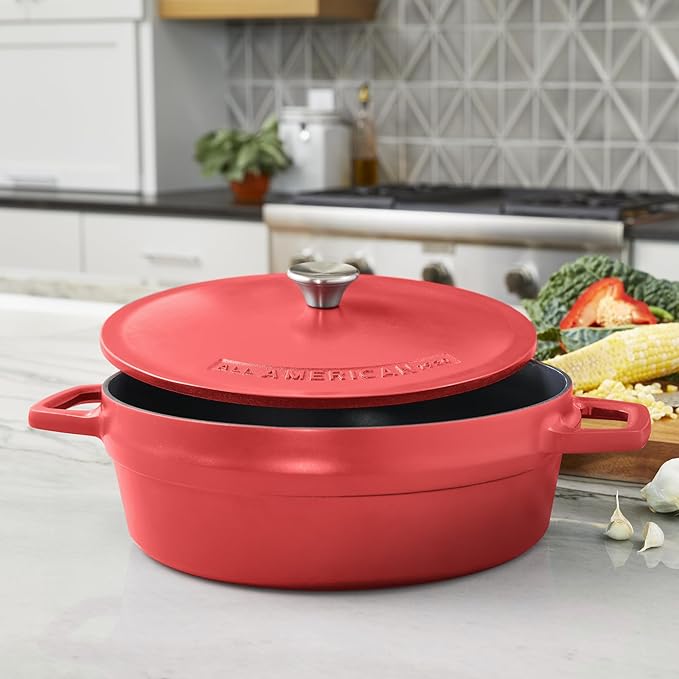 All American 1930 - Dutch Oven - The Saucier Set, Tomato Red - 5.5qt Capacity - Perfect for Sauces, Soups & Simmering - Non Stick & PFAS Free - Made in the USA