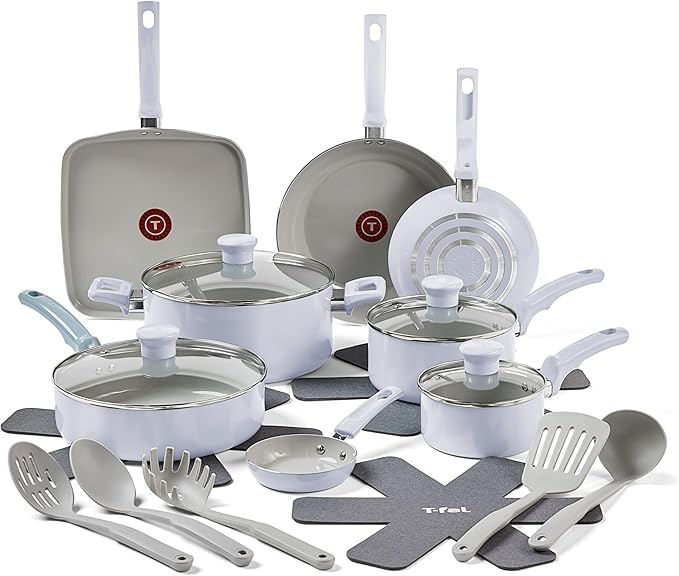 T-Fal Refresh Ceramic Nonstick Cookware Set, 20-Piece, Oven Safe to 350째F, Includes Stockpot, Griddle, Frying Pans, Utensils, Ceramic Pots and Pans Set, Blue