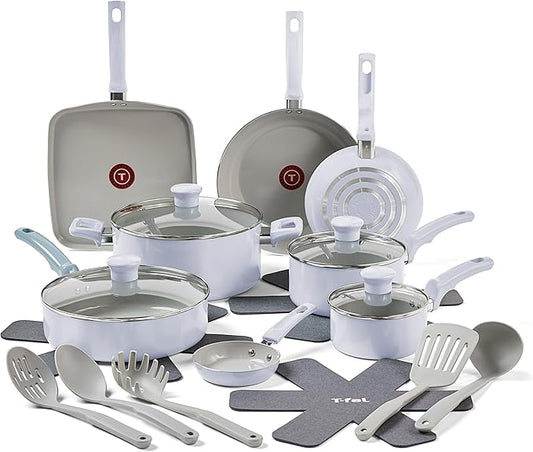 T-Fal Refresh Ceramic Nonstick Cookware Set, 20-Piece, Oven Safe to 350째F, Includes Stockpot, Griddle, Frying Pans, Utensils, Ceramic Pots and Pans Set, Blue