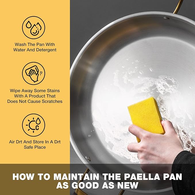 14 Inch Stainless Steel Paella Pan with Lid,Frying Pan, Tri-Ply Even Heating, Induction Ready & Dishwasher Safe ??Great for Camping, Parties, Family Gatherings
