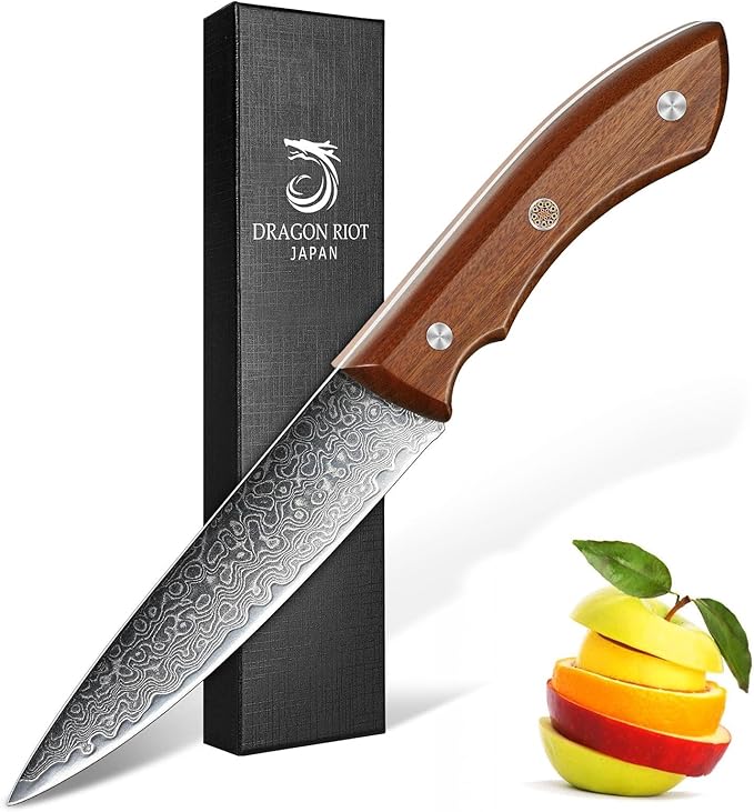 DRAGON RIOT Damascus Paring Knife 5 inch, VG-10 Damascus Steel Fruit Knife, Japanese Peeling Knife with Ergonomic Wood Handle, Multipurpose Kitchen Knife for Cutting Fruit Vegetables