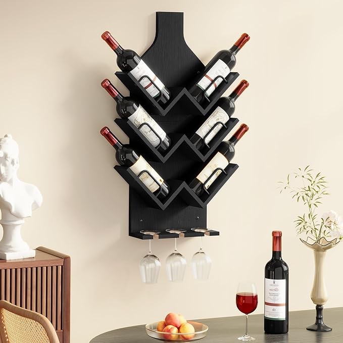Hoctieon Wine Rack Wall Mounted, 6 Bottles Wood Wine Rack for Display and Storage, Hanging Bottle Holder Bar Shelves for Living Room, Kitchen, Dining Room, Wine Cellar, Black