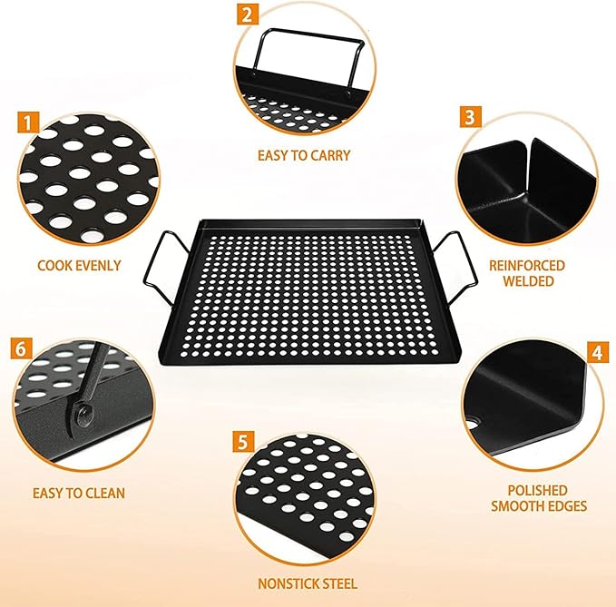 Banax Non Stick Grill, Stainless Steel Grill Pan 11" X 17" With Handles for Indoor and Outdoor Use, With Holes for Meat, Vegetables, Seafood and Camping Accessories
