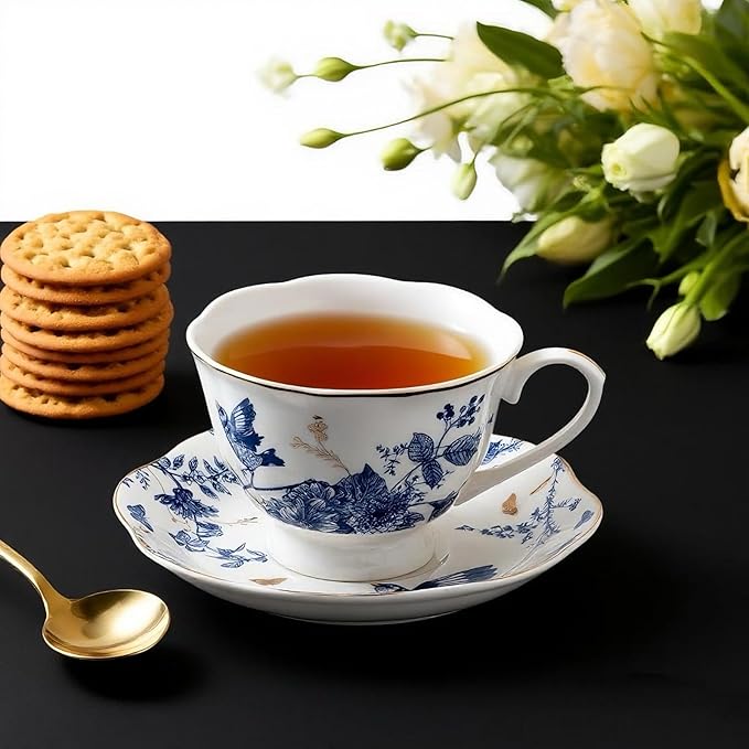 Tea Cup Set of 2, Coffee Cups with Saucers 7 Oz (200ml) Vintage Floral Porcelain with Gold Trim Teacups, Cappuccino Cup, Latte Mugs for Mother's Day, Party, Birthday Gifts