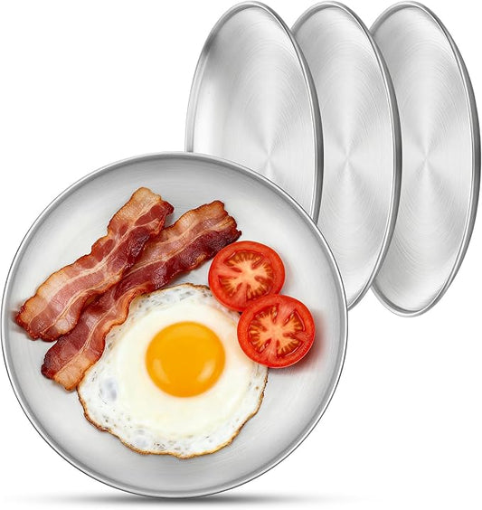 4 Stainless Steel Plates, 7.8 inch Small 201 Metal Camping Plate, Reusable Food Serving Dishes Snack Eating Round Shatterproof Brushed Finish Silver Dish for Dinner Oven Dishwasher Safe