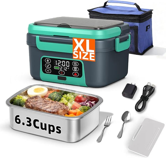 XL 6.3-Cups Cordless Electric Heated Lunch Box for Adults, 20000mAh Rechargeable Battery Powered Smart Self Heating Lunchbox for Men Women, 100W Food Warmer for Trucks Driver Travel Office Worker