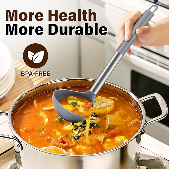 3Pcs Silicone Cooking Spoon Set, Kitchen Utensils Include Solid & Slotted Spoon, Soup Ladle, Food-Grade Heat Resistant 446째F, Non-Scratch Spoons for Serving, Stirring, Draining, Dishwasher Safe, Gray