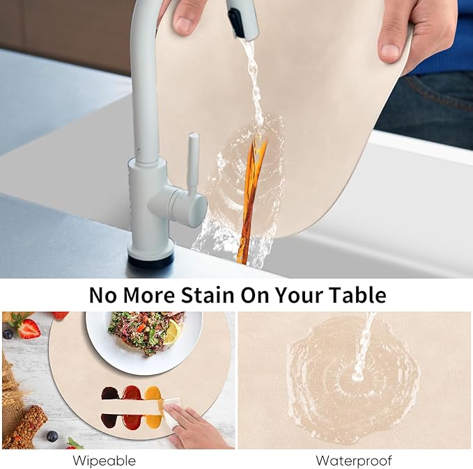 ADRIMER Placemats, Heat Resistant Round Placemats Set of 6 Washable, Waterproof Table Mats, Wipeable Faux Leather Place Mats for Kitchen, Dining Room, Beige