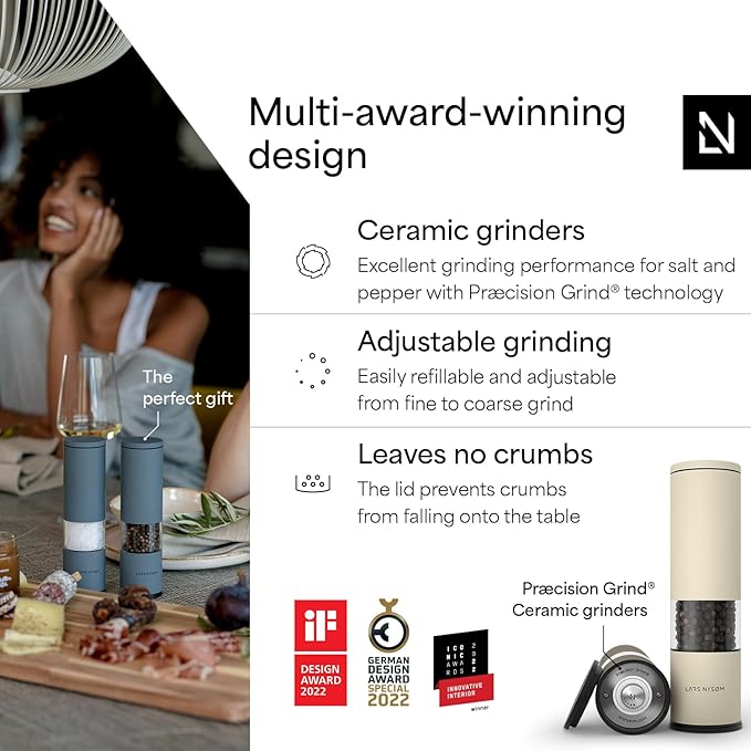 LARS NYS횠M Salt and Pepper Grinder Set Manual, Stainless Steel Salt and Pepper Mills with Adjustable Ceramic Grinder I Design Spice Shakers (Brown/Beige)