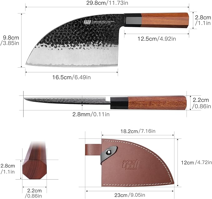 FINDKING Dynasty Series Serbian Chefs Knife with Leather Sheath, Heavy Duty Meat Cleaver, 9Cr18MoV High Carbon Steel Blade, African Rosewood Octagonal Handle, for Meat, Chicken Bones, 6.5 Inches