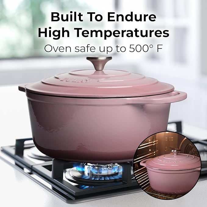 Zulay Kitchen 7.7 Quart Enameled Cast Iron Dutch Oven Pot with Lid ??Premium Durability & Oven Safe up to 500째F ??Heavy Duty Cookware Perfect for Bread Baking, Stews, Braising & Roasting ??Pink