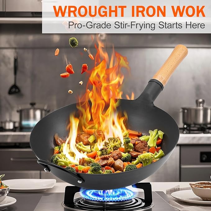 WANGYUANJI Iron Wok, 14.17 inch Traditional Round-Bottom Wok, Chef?셲 Professional Stir-Fry Pan with Wooden Handle, Chemical-Free Iron Wok for Gas Stoves and Round-Bottom Induction Stovetop