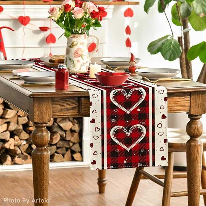 Artoid Mode Buffalo Plaid Love Hearts Valentine's Day Table Runner, Seasonal Kitchen Dining Table Decoration for Indoor Home Party 13x90 Inch