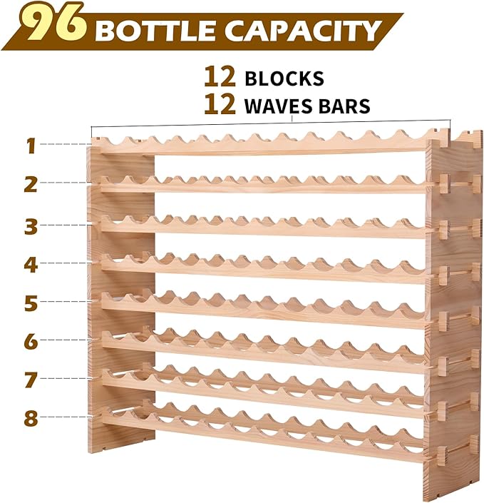 Wooden Stackable Storage Modular Wine Rack cabinet-96bottle Freestanding for Floor Wine Rack
