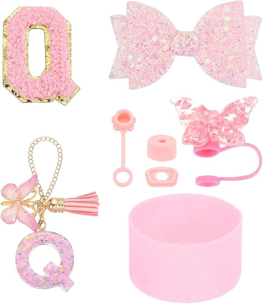 uxcell 8Pcs Cup Accessories Set for Cup Tumbler with Handle, Including Silicone Straw Cover, Boot, Spill Proof Stopper, Handle Charm, Initials Sticker(Letter Q, Pink)