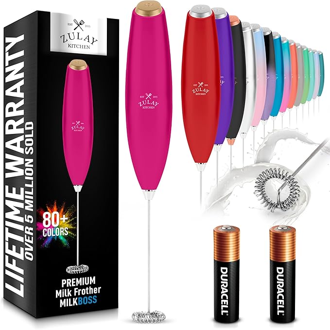 Zulay Kitchen Milk Frother Handheld Electric Whisk with AA Duracell Batteries ??Durable Drink Mixer for Coffee, Lattes, Cappuccinos & More - Hot Pink