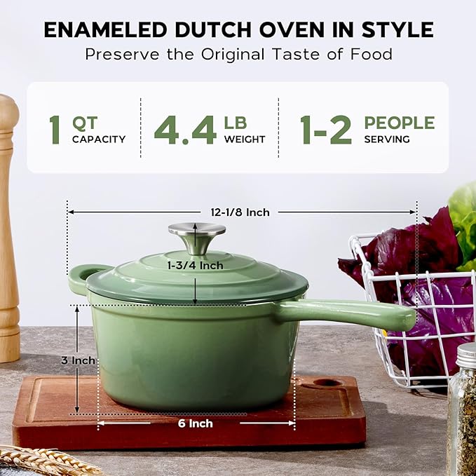 Onader 1QT Enameled Cast Iron Saucepan with Lid, Small Sauce Pan, Enamel Cast Iron Dutch Oven Cooking Kitchen Pot, Nonstick & Heavy Duty ??Pistachio Green