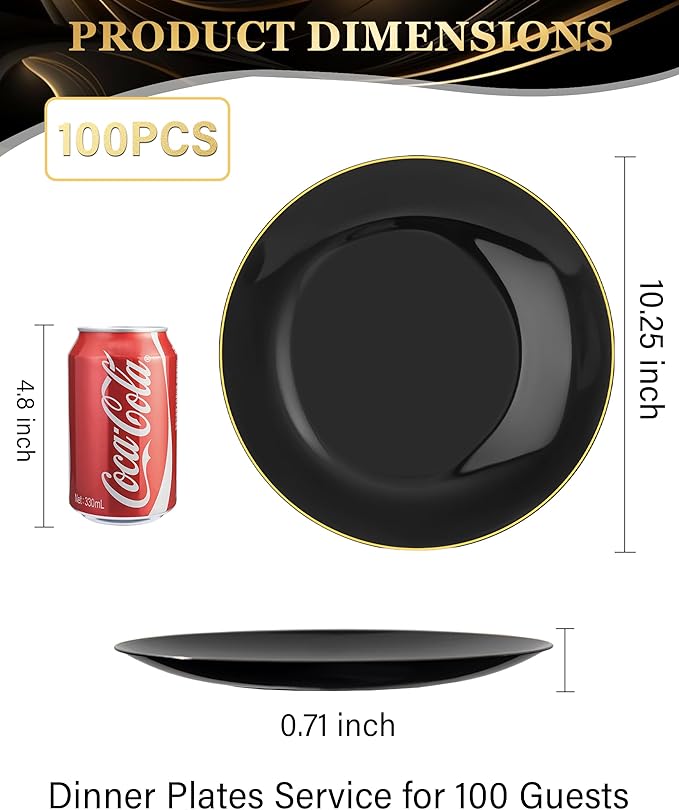Nervure 100PCS Black and Gold Plastic Plates - 10.25 inch Black Disposable Plates - Gold Rim Dinner Plate - Black Dinner Plate Ideal for Wedding & Party & New Year