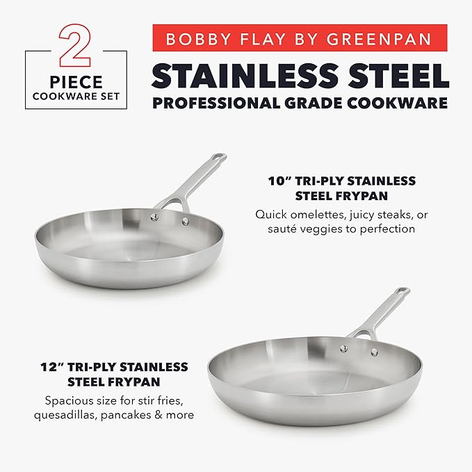 GreenPan x Bobby Flay Stainless Steel 10??& 12??Frying Pan Skillet Set, Induction Compatible, Durable, Dishwasher Safe, Oven & Broiler Safe 400째F, Tri Ply Clad Pans, Heat Responsive Core, 2-Piece Set