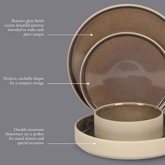 Gibson Elite Liberty Bay 16-Piece Pottery Clay Stoneware Dinnerware Set ??Mocha Brown Reactive Glaze, Stackable Plates and Bowls W/Pasta Bowl, Service for 4 ??Microwave & Dishwasher Safe