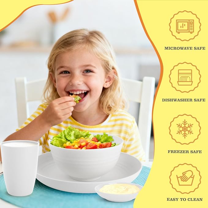 Wheat Straw Plates and Bowls Sets of 16竊똗nbreakable Dinnerware Sets for 4, Microwave & Dishwasher Safe Kids Dish Set for Kitchen, Outdoor, Camping, Party, RV- White