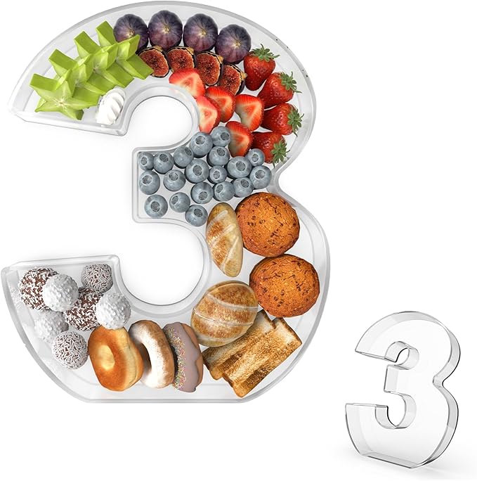 11" Acrylic Number Charcuterie Tray, Fillable Number Charcuterie Box for Food, Reusable Serving Cake Candy Dish Display Tray for Birthday Anniversary Party Decoration (Number 3)