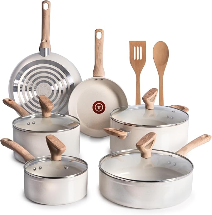 T-Fal Revive Ceramic Nonstick Cookware Set, Oven Safe Up to 350쨘F, 12-Piece, Includes Stockpot, Saucepan, Skillet, Frying Pans, Utensils, Ceramic Pots and Pans Set, Beige Granite