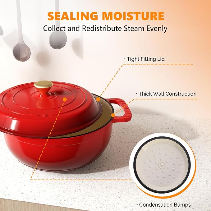 Bonnlo 6QT Round Dutch Oven, Enameled Cast Iron Dutch Oven Pot with Lid & Dual Handles, Oven Safe Up to 500째 F, for Sourdough, Bread Baking, Stews and Roasting (Red)
