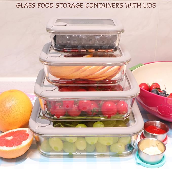 Glass Food Storage Containers with Silicone Glass Lids, 304 Stainless Steel Salad Dressing Containers, Microwave-safe LeakProof Food Containers Set, 100% Plastic Free-4-pack（Grey）