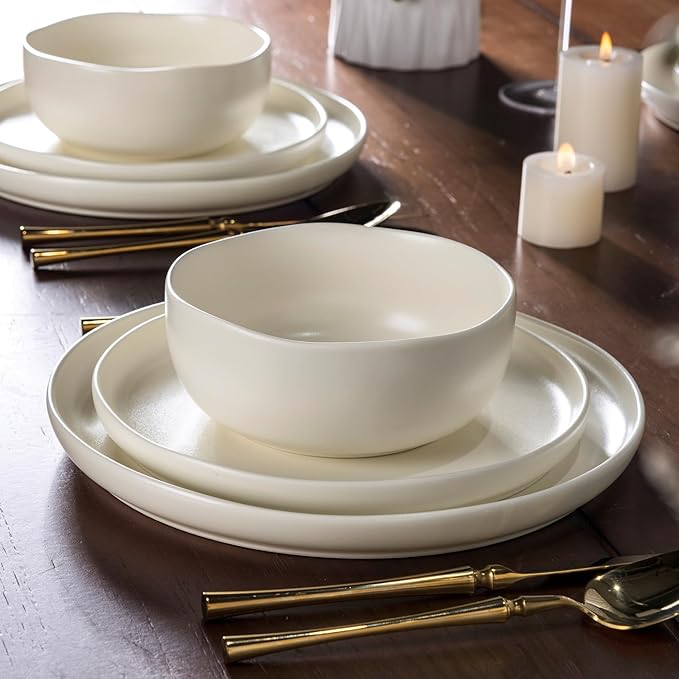 AmorArc Ceramic Dinnerware Sets, Wavy Rim StonewarePlates and Bowls Sets, Highly Chip and Crack Resistant | Dishwasher & Microwave & Oven Safe Dishes set, Service for 8 (24pc)