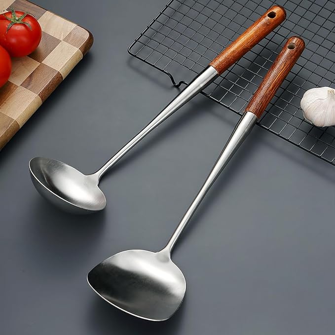 17??Wok Spatula & Ladle Set, Stainless Steel Wok Tools with Wooden Handle, Heat-Resistant Chinese Turner & Deep Soup Ladle, 2-Piece Wok Utensils for Stir-Fry, Wok Accessories