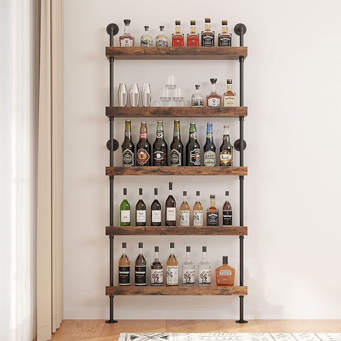 Floating Bar Shelves, 5-Tier Wood Wall Mounted Wine Rack with LED, Liquor Bottle Shelf Display for Home Bar, Kitchen, Restaurant(40" W x 79" H x 8.6" D)