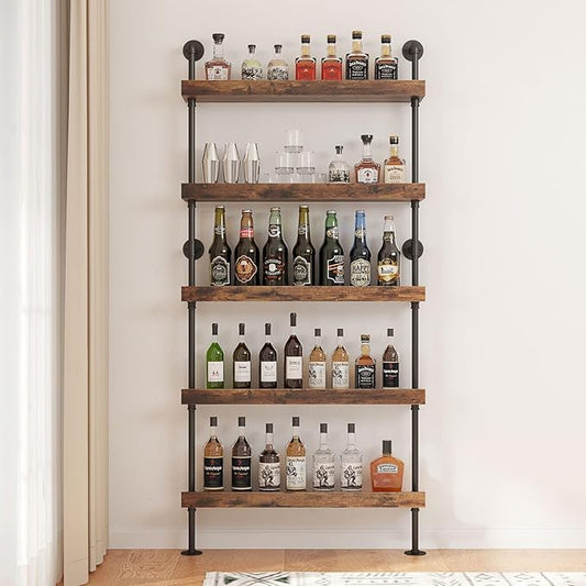 Floating Bar Shelves, 5-Tier Wood Wall Mounted Wine Rack with LED, Liquor Bottle Shelf Display for Home Bar, Kitchen, Restaurant(40" W x 79" H x 8.6" D)